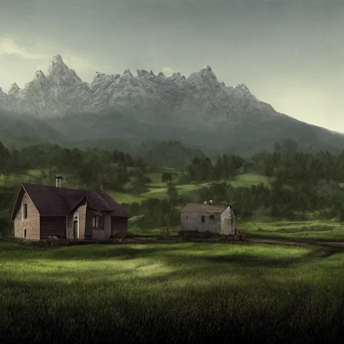 Image similar to a house in a field with mountains in the background, a matte painting by gregory crewdson, behance contest winner, american scene painting, matte painting, concept art, movie still