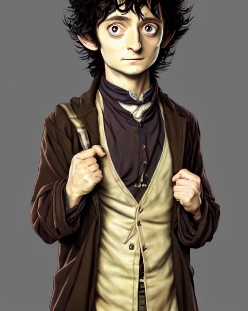 Image similar to portrait Anime joyful Elijah Wood as Hobbit Frodo Baggins; velvet brown jacket, backpack, Shire background || cute-fine-face, pretty face, realistic shaded Perfect face, fine details. Anime. realistic shaded lighting by Kim Jung Gi, brom, Pixiv, by Ross Tran, Greg Rutkowski, Mark Arian