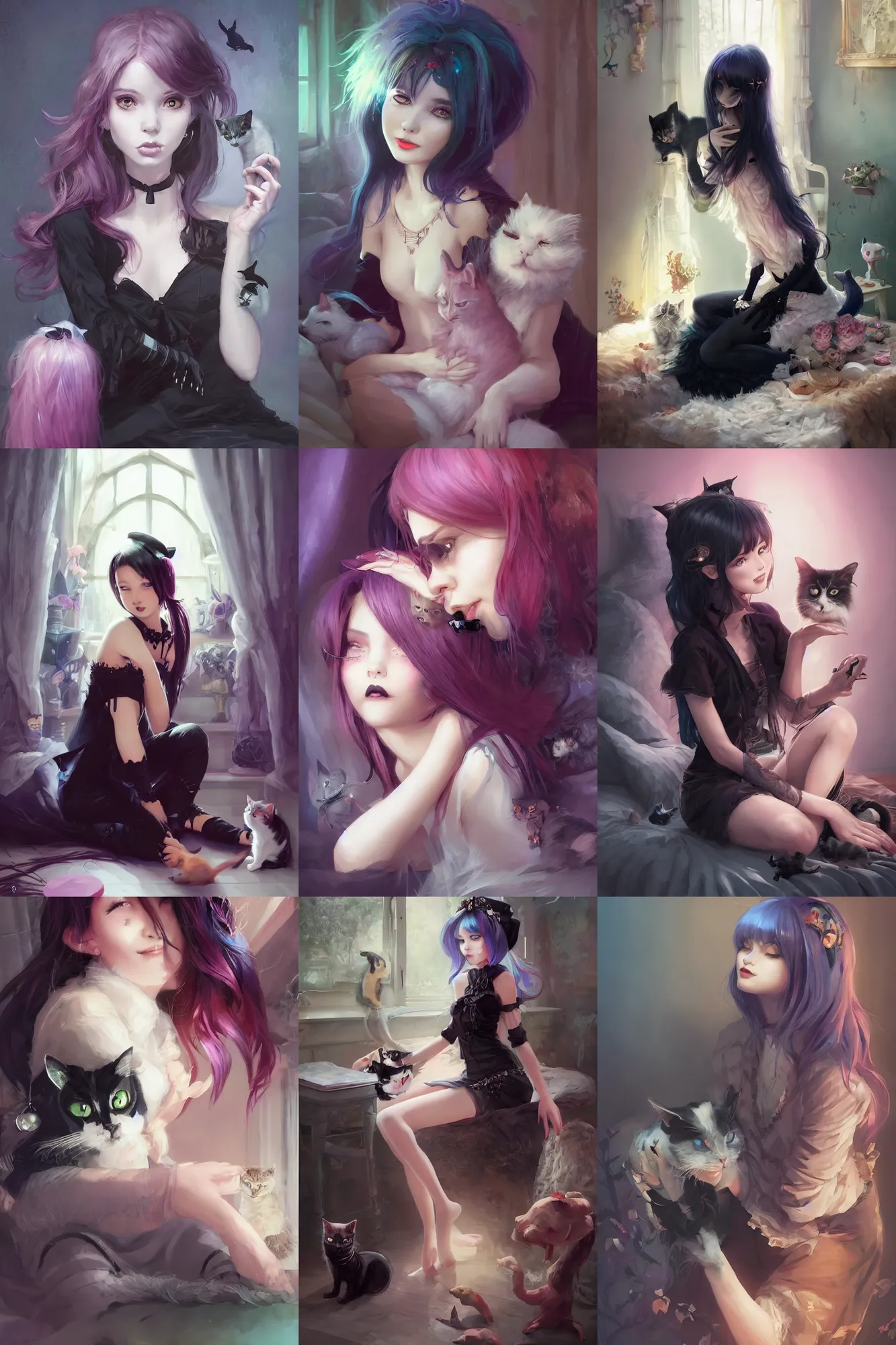 Prompt: a beautiful goth girl sitting in her bedroom petting a cat | | cute - fine - subtle smile, colorful hair, face, pretty face, fine details by stanley artgerm lau, wlop, rossdraws, james jean, andrei riabovitchev, marc simonetti, and sakimichan, trending on artstation