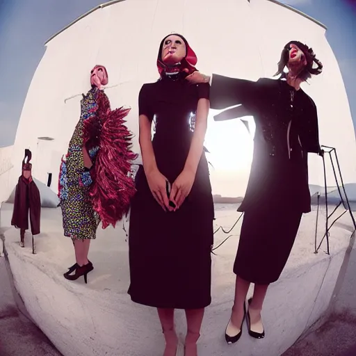 Image similar to fisheye medium format photograph of a surreal fashion shoot