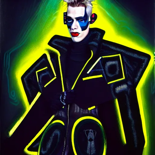 Prompt: an award finning and amazing portrait by akseli kallen gallela and john howe of a male cyberpunk punk rocker clothed in excessively fashionable 8 0 s haute couture fashion and wearing geometric face paint