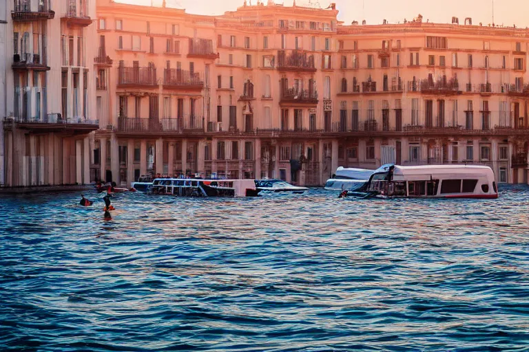 Prompt: views of people on boats on a catastrophic barcelona, buildings covered with high water, floating cars, sunset lighting, photo real