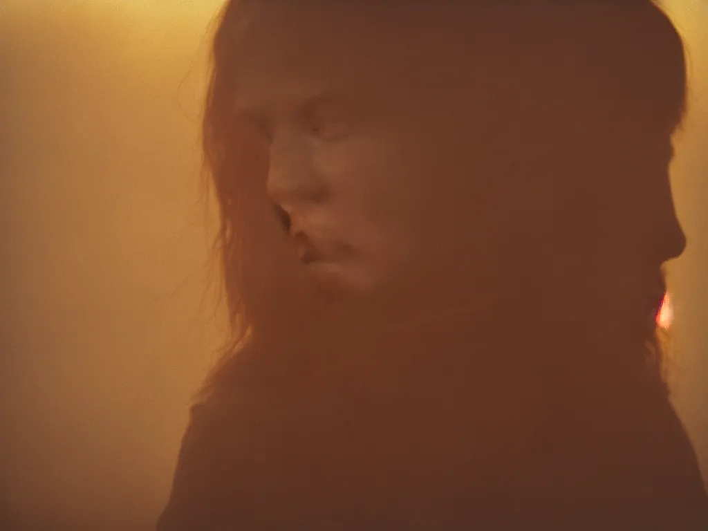 Image similar to close up portrait bust of woman, solemn expression, faded color film, russian cinema, tarkovsky, kodachrome, heavy forest, wood cabin in distance, long brown hair, old clothing, heavy fog, atmospheric haze, brown color palette, sunset, low light, hudson river school, 4 k, dramatic lighting