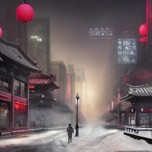 Image similar to a matte painting about a dystopian, dystopian chinese city, covered in snow. hardcopy ( live ) httpa matte painting about a misty, cyberpunk, rutless rock landing, coming true to life in post - apocalyptic