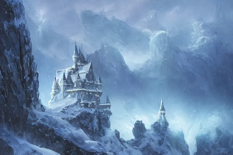 Image similar to single fantasy castle in foreground on a rocky outcrop, highly detailed, icy windswept world with deep blue colours over white, snowdrifts and icicles, illustrated by Greg Rutkowski and Gaston Bussiere, 35mm lens, beautiful macro close-up imagery, moody lighting, beautiful volumetric-lighting-style atmosphere