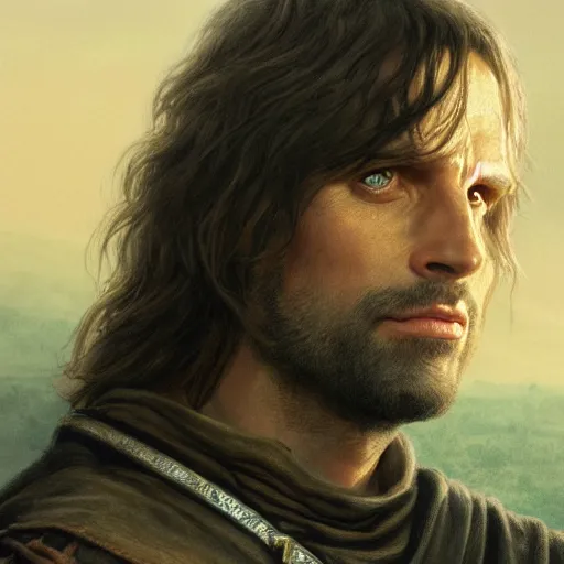 Image similar to Portrait of Aragorn, High King of the Reunited Kingdom, golden hour, detailed matte painting, cinematic, Alan Lee, Artstation