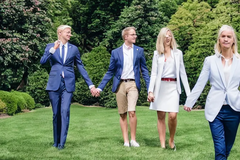 Prompt: beautiful confident smug thirtysomething blonde female president wearing suit alone in the white house rose garden with her two attractive boyfriends, holding hands, photograph, dslr, bokeh, romantic, campaign ad