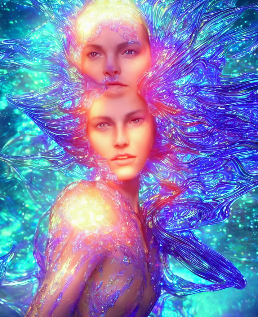 Image similar to dichroic close-up macro portrait of the face of a beautiful princess, epic angle and pose, symmetrical artwork, 3d with depth of field, blurred background, cybernetic jellyfish female face skull phoenix bird, translucent, nautilus, energy flows of water and fire. a highly detailed epic cinematic concept art CG render. made in Maya, Blender and Photoshop, octane render, excellent composition, cinematic dystopian brutalist atmosphere, dynamic dramatic cinematic lighting, aesthetic, very inspirational, arthouse. y Greg Rutkowski, Ilya Kuvshinov, WLOP, Stanley Artgerm Lau, Ruan Jia and Fenghua Zhong