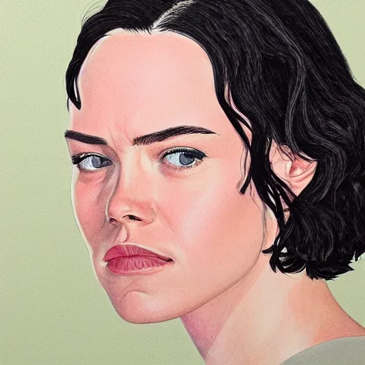 Prompt: frowning daisy ridley, head and shoulders portrait, extremely detailed masterpiece, one single continues line.