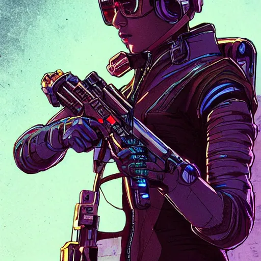 Prompt: beautiful cyberpunk assassin wearing a cyberpunk headset and tactical gear. in style of moebius and laurie greasley