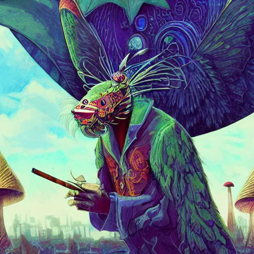 Image similar to 8K centered headshot Portrait of a psychedelic godlike mothman posing with a cigar with giant mandala wings smoking a hand-rolled cigarette smoking heavily , magic mushroom village in background , post-processing , award winning. superb resolution. in the art style of Satoshi Kon and Greg Rutkowski , Detailed Mushroom city in background , Hyper realistic anime , Perfect art , Dalle2