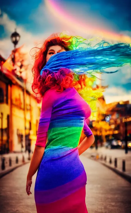 Image similar to a full shot photo of rainbow dress woman, danish angle, streets, colorful, goddess, caucasian, feminine, nighttime, daytime, glow up, realistic, 8 k, hdr, extremely detailed