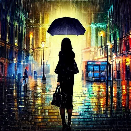 Prompt: of london city at night in the rain reflections and a beautiful women with an umbrella artistic digital art lots of detail cinematic uplighting