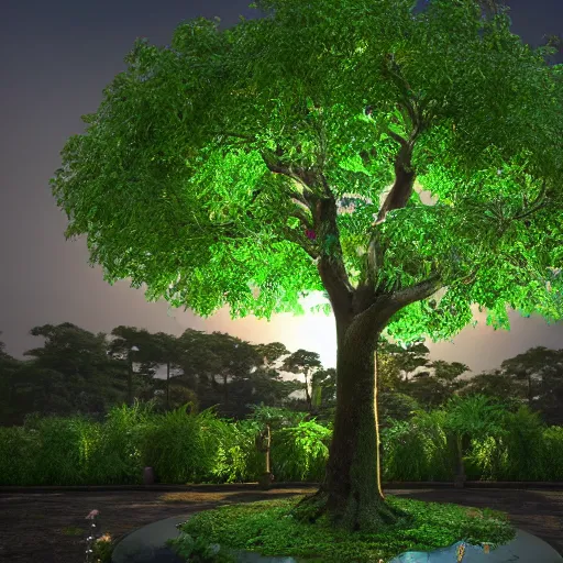 Image similar to a realistic photograph of the garden of eden with the tree of life in the center, hyperrealistic, cinema 4 d, cinematic, rendering unreal engine 5