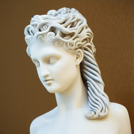Prompt: beautiful pale smooth statuesque medusa with white silver snakes coming from her head