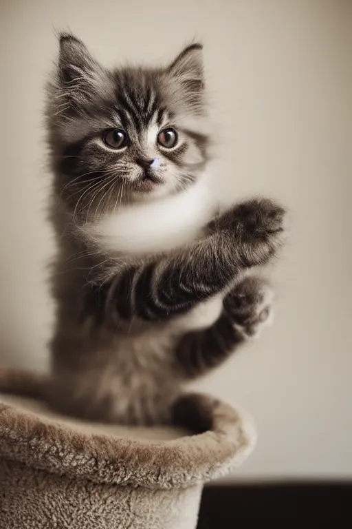 Prompt: “ fluffy kitten lying on cat tree, cozy living room, warm, cotton, dramatic lighting, extremely high quality, leica m - a, lux 3 5 fle, portra 8 0 0 ”