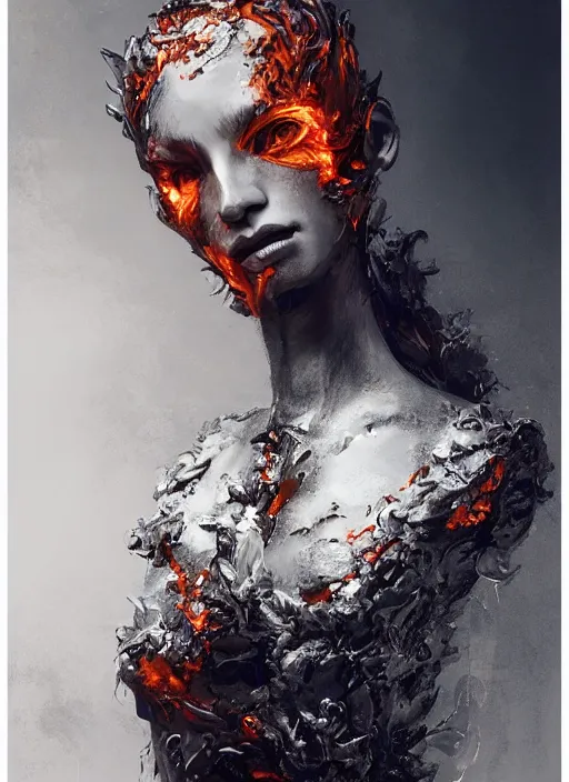 Image similar to sculpture made of flame, portrait, female, future, torch, fire, harper's bazaar, vogue, fashion magazine, intricate, concept art, close up, ornate, luxury, elite, elegant, trending on artstation, by ruan jia, by Kenneth Willardt, by ross tran, by WLOP, by Andrei Riabovitchev,