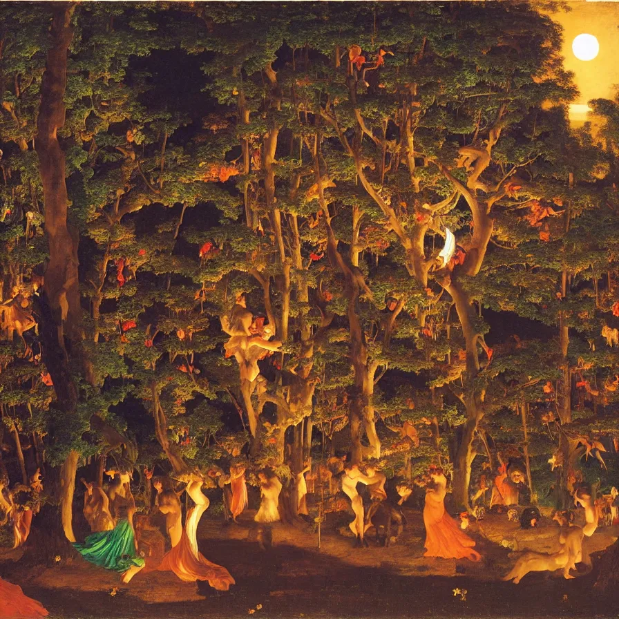 Image similar to a night carnival around a magical tree cavity, with a surreal orange moonlight and fireworks in the background, next to a lake with iridiscent water, christmas lights, folklore animals and people disguised as fantastic creatures in a magical forest by summer night, masterpiece painted by frederic leighton, dark night environment