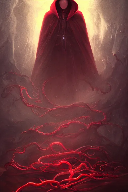 Image similar to A full body portrait of a mysterious character with no face with a very long hooded red cloak, a golden crown floating above his head tentacles coming out the ground art by James Paick, and Shaddy Safadi, ominous, cosmic horror, trending on artstation, Ultra detailed, hyper realistic 4k