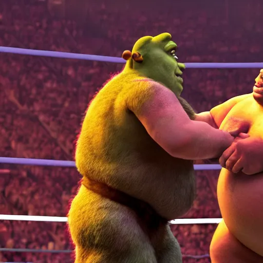 Image similar to shrek vs andre the giant at wrestlemania 8, dramatic lighting, intense battle 8k