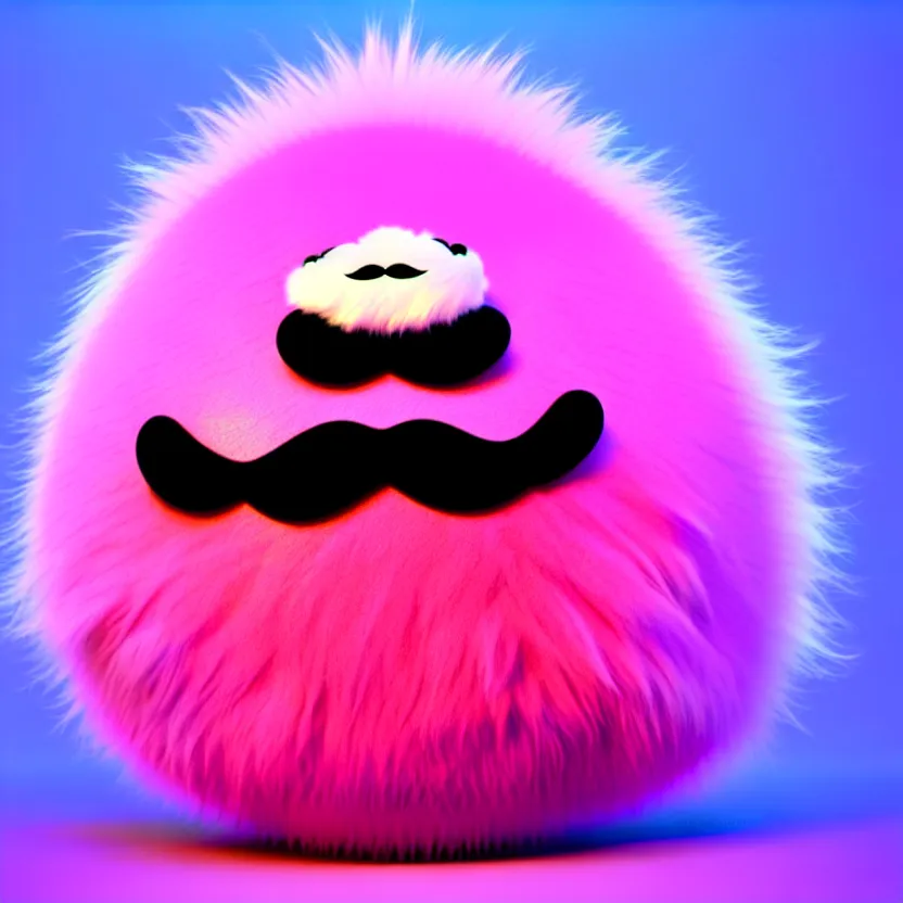 Image similar to high quality 3 d render hyperrealistic very cute big spherical creature, mustache, plush mascot, short spiky dense fluffy smooth hair, isometric 3 d, psychedelic lighting pink fluffy fur 1 cm long, 1 5 0 mm, smooth background, artstation, ultra detailed, elegant, ultra detailed, octane render