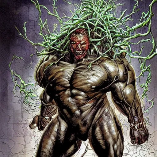 Prompt: by Simon Bisley, a cybernetically enhanced man on steroids growing out of an organic wall made of sinew and flesh