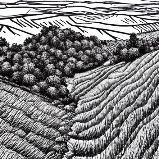 Image similar to Fields and mountains by Kentaro Miura, highly detailed, black and white