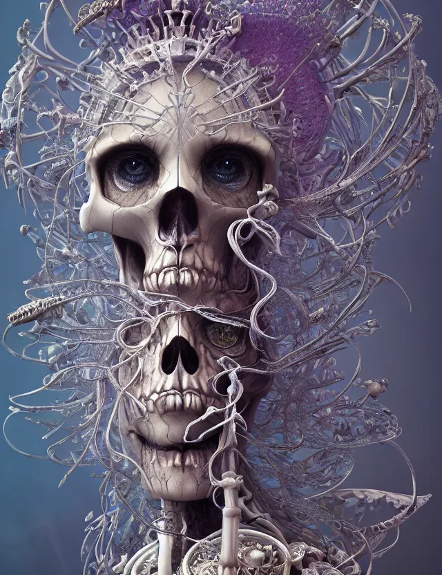 Image similar to 3 d goddess skeleton macro close - up portrait with crown made of ram skull. betta fish, jellyfish phoenix, bioluminiscent fire, plasma, ice, water, wind, creature, super intricate ornaments artwork by tooth wu and wlop and beeple and greg rutkowski