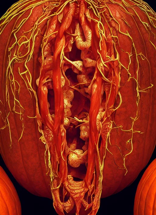 Image similar to portrait of a pumpkin with translucent skin, visible muscles and veins and arteries and bones and spines and nerves, beautiful detailed intricate insanely detailed octane render, 8 k artistic photography, photorealistic, chiaroscuro, by david cronenberg, raphael, caravaggio