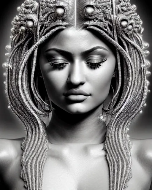 Image similar to bw 3 d render of a beautiful young kylie jenner female queen - cyborg - vegetal, intricate fractal ornament in the bust with a very long neck, elegant, highly detailed intricate rococo ornament in her silver long hair, realistic, refined, highly detailed, cinematic outdoor lighting, by flora borsi in the style of dora maar, volumetric lighting, hyper realistic photography