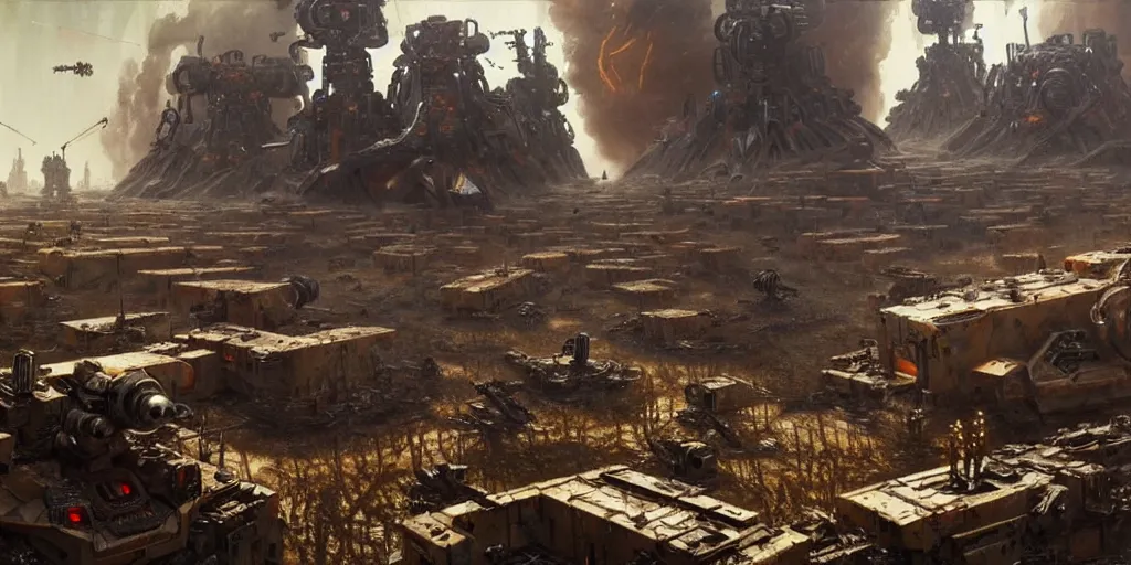 Prompt: scene from future robot war, highly detailed, painting by otto dix and greg rutkowski 8 k