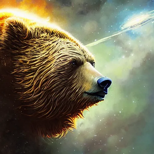 Image similar to detailed science - fiction character portrait of a grizzly bear shooting a machine gun in space, intricate, wild, highly detailed, digital painting, artstation, concept art, smooth, sharp focus, illustration, art by artgerm and greg rutkowski and alphonse mucha