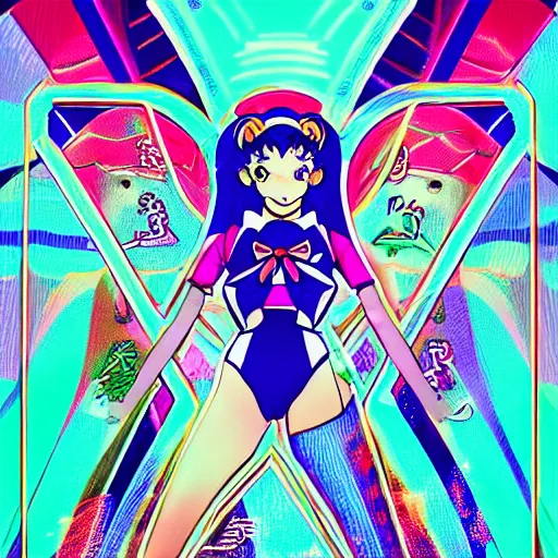 Image similar to portrait of sailor moon with arm tattoos, in the style of cyberpunk on the background of neon signs, symmetrical, single person