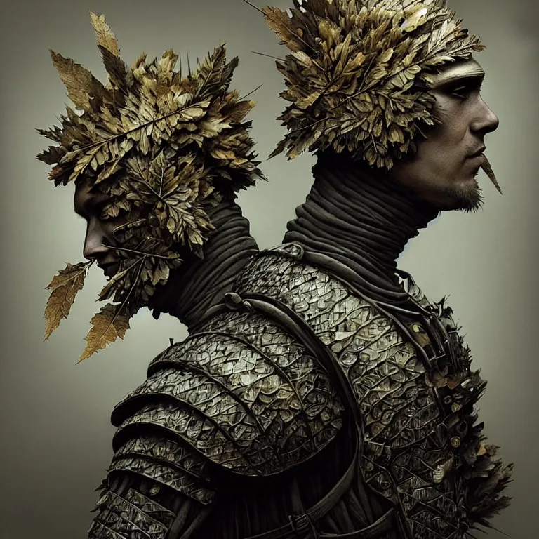 Prompt: old tintype portrait of a realistic armour made of leaves, no face, dramatic light, dystopian environment, intricate, elegant, highly detailed, centered headdress, artstation, concept art, sharp focus, artgerm, tomasz alen kopera, peter mohrbacher, donato giancola, joseph christian leyendecker, wlop, boris vallejo