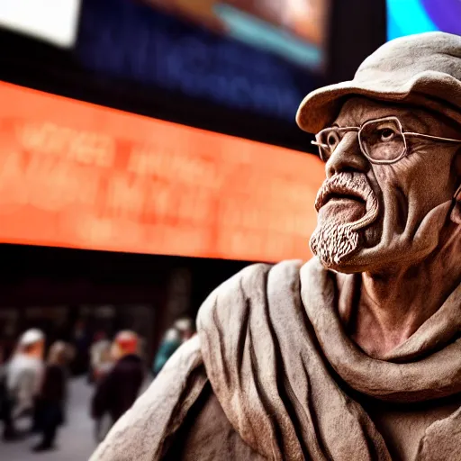 Image similar to a photograph of a very detailed renaissance clay sculpture of walter white wearing a phrygian cap in times square, made by michelangelo, shot from the distance, hyper detailed, sharp focus, 8 k resolution, ray tracing