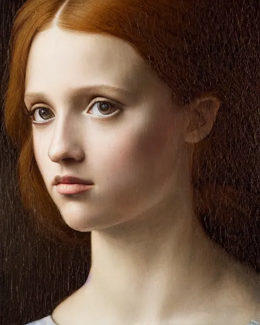 Image similar to a window - lit realistic portrait painting of a thoughtful girl resembling a young, shy, redheaded alicia vikander or millie bobby brown, lit by a window at the side, highly detailed, intricate, by leonardo davinci and rosetti