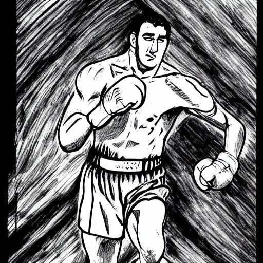 Prompt: rocky marciano drawn in the style of berserk manga