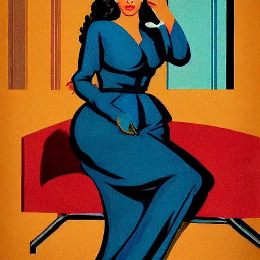 Prompt: “Kim Kardashian portrait, color vintage magazine illustration 1950”