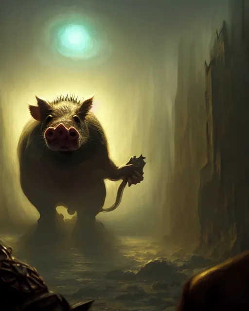 Prompt: Giant Hog scared of mouse, medium shot, fear, D&D, artstation, fantasy, magic the gathering artwork, cinematic lighting, centered, symmetrical, highly detailed, digital painting, , concept art, smooth, sharp focus, illustration, volumetric lighting, epic Composition, 8k, art by Akihiko Yoshida and Greg Rutkowski and Craig Mullins, oil painting, cgsociety