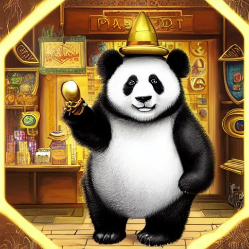 Image similar to Anthropomorphized panda trader in his shop, selling his wares, portrait, items, gold, magic potions, carpet, window, fancy hat, sly expression , cunning expression, cute expression, long thick shiny gold beak, presenting wares, holding a gold bag, D&D, fantasy, cinematic lighting, highly detailed, digital painting, artstation, concept art, smooth, sharp focus, illustration, warm light, cozy warm tint, magic the gathering artwork, volumetric lighting, 8k, art by Akihiko Yoshida, Greg Rutkowski