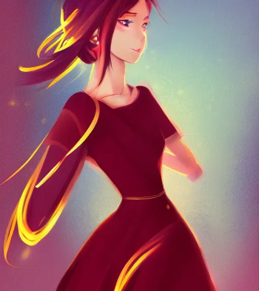 Image similar to a woman wearing a golden dress and a red shirt, anime art, digital painting, hd, stunning, tran ross