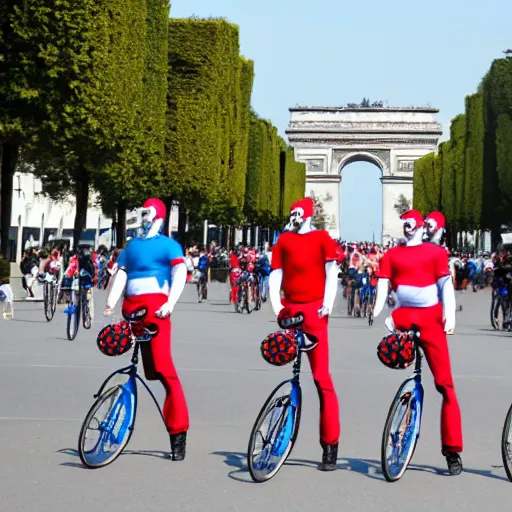 Image similar to sports photo of troupe of clowns on unicycles in a bunch sprint on the champs de elysees, tour de france