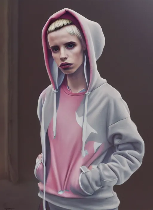 Prompt: still from music video of emma roberts from die antwoord standing in a township street, wearing a hoodie, street clothes, full figure portrait painting by martine johanna, ilya kuvshinov, craig mullins, pastel color palette, 3 5 mm lens