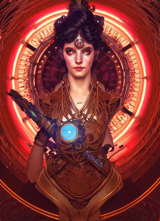 Prompt: the goddess artemis smirking, steampunk, glowing eyes, volumetric lights, red and cyan theme, art nouveau botanicals, intricate, highly detailed, digital painting, artstation, concept art, smooth, sharp focus, cinematic, illustration, beautiful face, art by artgerm and greg rutkowski and alphonse mucha