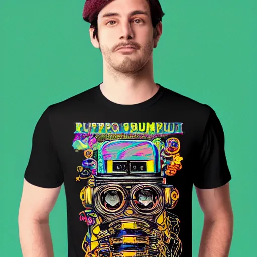 Image similar to mockup of a black tshirt with a hyperdetailed portrait of a steampunk robot by robert crumb, 8 k, symetrical, flourescent colors, happy trippy mood, multicolored,