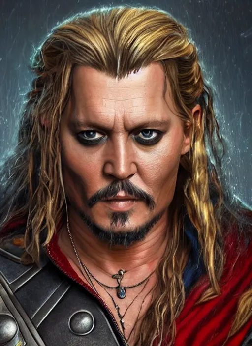 Image similar to johnny depp as thor, naturel, hyper detailed, digital art, trending in artstation, cinematic lighting, studio quality, smooth render, unreal engine 5 rendered, octane rendered, art style by klimt and nixeu and ian sprigger and wlop and krenz cushart