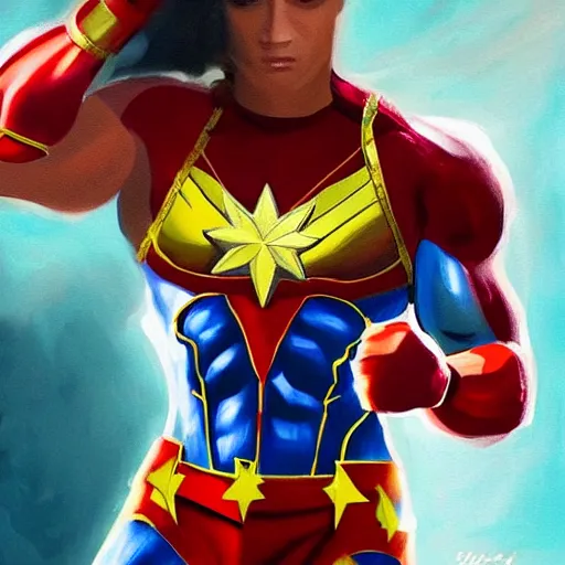 Image similar to body builder captain marvel, artstation hall of fame gallery, editors choice, #1 digital painting of all time, most beautiful image ever created, emotionally evocative, greatest art ever made, lifetime achievement magnum opus masterpiece, the most amazing breathtaking image with the deepest message ever painted, a thing of beauty beyond imagination or words