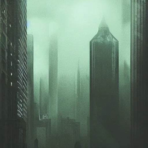 Image similar to 249. Dark City. Labyrinth. Highrise. Walking through the streets with no direction in mind. Escape not possible. Mist. Dark sky. Colorscheme dark green, dark yellow. Gradient. Low angle wide shot. Artstation