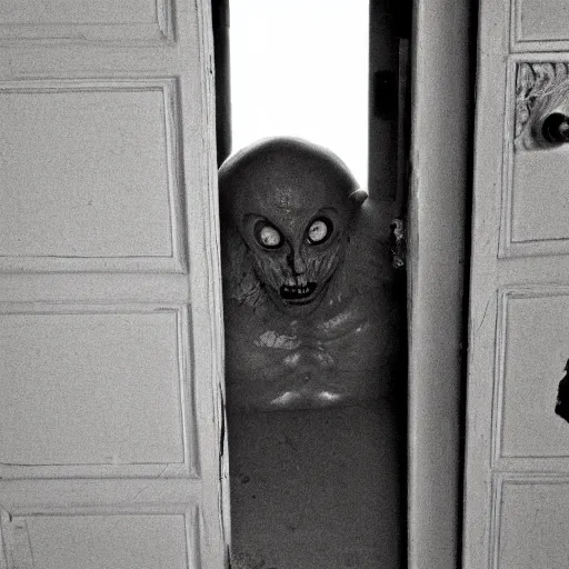 Prompt: uncanny creature lurking in dark doorway