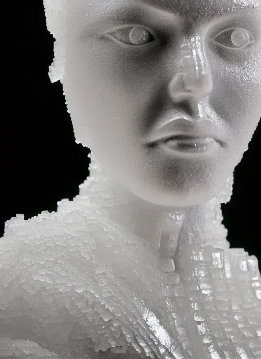 Image similar to a young female cyborg bust made of ice, dramatic, ilford hp 5, closeup - view, f / 2. 8, high contrast, 1 6 k, fluorescent lamp, contre - jour, insanely detailed and intricate, hypermaximalist, elegant, ornate, hyper realistic, super detailed